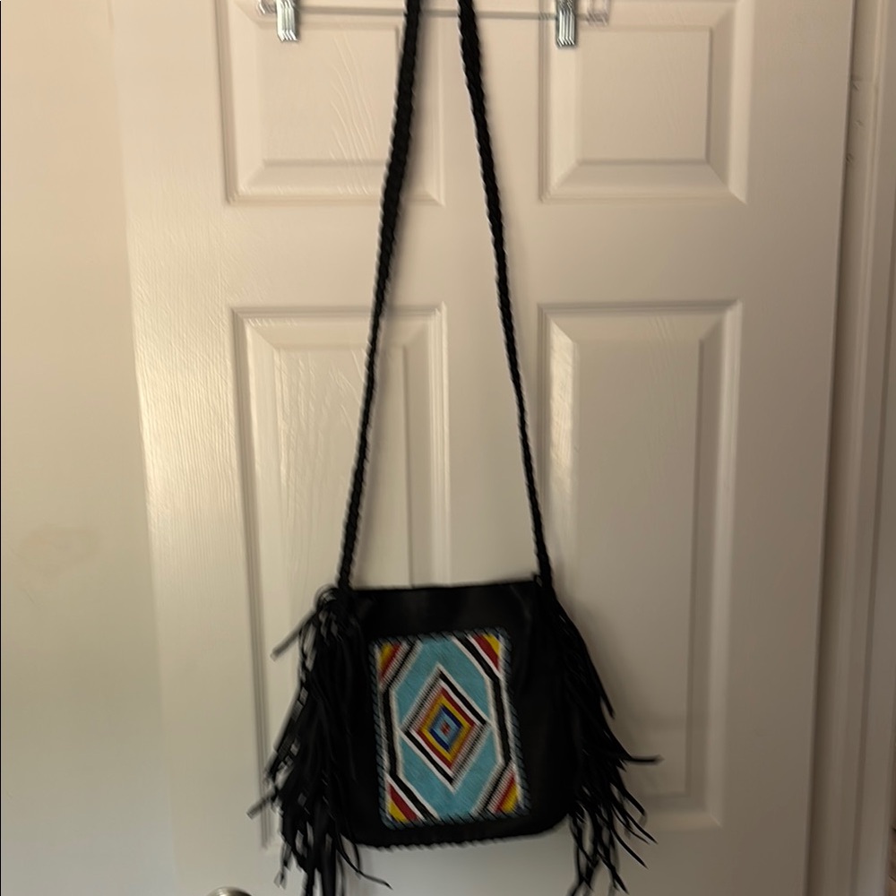 Black Fringe Crossbody Bag with Colorful Pattern